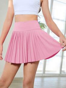 Tween 女童针织粉色百褶短裤，高弹力舒适骑行跑步训练短裤，吸湿排汗 - 粉色 - 查看 3