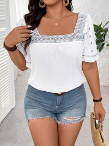 SHEIN LUNE Plus Size Women Embroidered Square Collar Ruffle Sleeve Shirt,Black And White Boho Summer Vacation Fashion Casual Commuting Simple Blouse - White - View 4