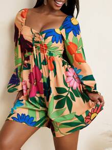 BELANGE HANDMADE Floral Print Flared Long Sleeves Bow Backless Women Jumpsuit Vacation Holiday Beach
