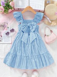 SHEIN Elladie kids Váy nơ xếp nếp viền nhiệt đới cho bé gái, váy dài mùa hè dệt - Màu xanh nhạt - Xem 3