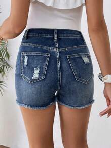 SHEIN Maternity Blue Denim Elastic Skinny Ripped Shorts - Dark Wash - View 2