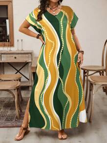 EMERY ROSE Plus Size Women's Wavy Striped Geometric Print V-Neck Bat Short-Sleeved Side Slit Country Vacation Long Dress,Spring And Summer - Army Green - View 5