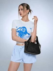 SHECARRY 女士稻草铆钉街头时尚百搭手提包 - 黑色 - 查看 3