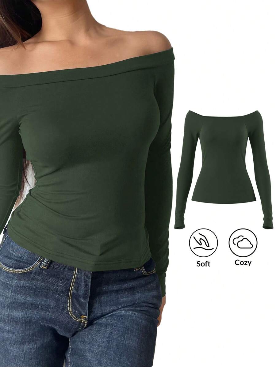 SHEIN BASICS Casual Solid-Color Knitted Off Shoulder Long Sleeve Fitted Blouse For Women Off The Shoulder Top - Dark Green - View 1
