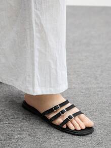 CUCCOO BIZCHIC French Summer New Fashion Versatile Flat Sandals With Pearl & Crystal, Elegant Gold Casual Shoes - Black - View 2