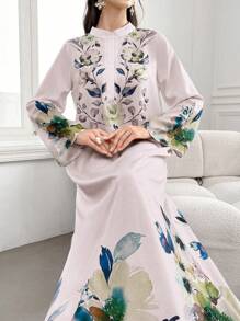 SHEIN Najma 女士优雅花卉印花阿拉伯长裙，端庄 - 粉色 - 查看 4