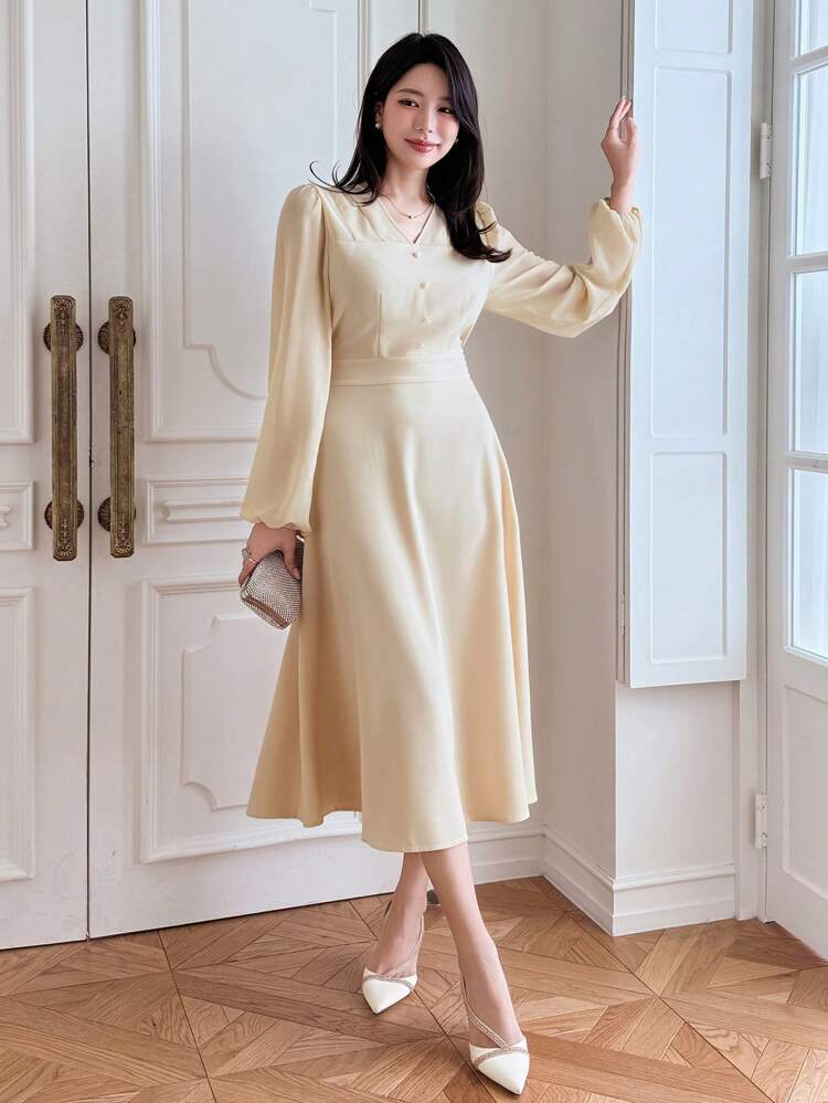 Women's Elegant Long Dress With Cinched Waist, Bowknot, Patchwork Fabric, Long Sleeve, Maxi Length, Fall