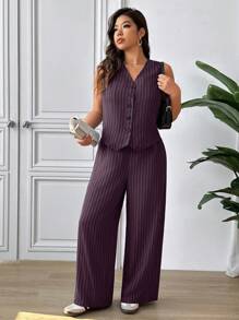 SHEIN Frenchy Bộ quần ống đứng và áo vest đi làm giản dị thanh lịch cỡ lớn - Màu tím - Xem 3