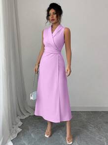 Elenzga Women Solid Color Shawl Collar Wrap Hem Fitted Elegant Sleeveless Dress - Mauve Purple - View 4