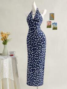SHEIN MOD 藏蓝色碎花露背度假连衣裙，夏季露背连衣裙，女士沙滩裙，派对连衣裙，优雅连衣裙，乡村风格连衣裙，夏季连衣裙 - 藏蓝色 - 查看 5