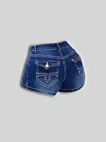 Shorts di jeans super corti ed elastici, sexy, di colore blu, da donna - Blu lavato scuro - Visualizzare 2