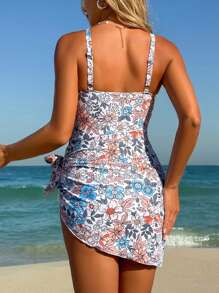 SHEIN Maternity Summer Beach Floral Print One-Piece Swimsuit With Matching Sarong Skirt