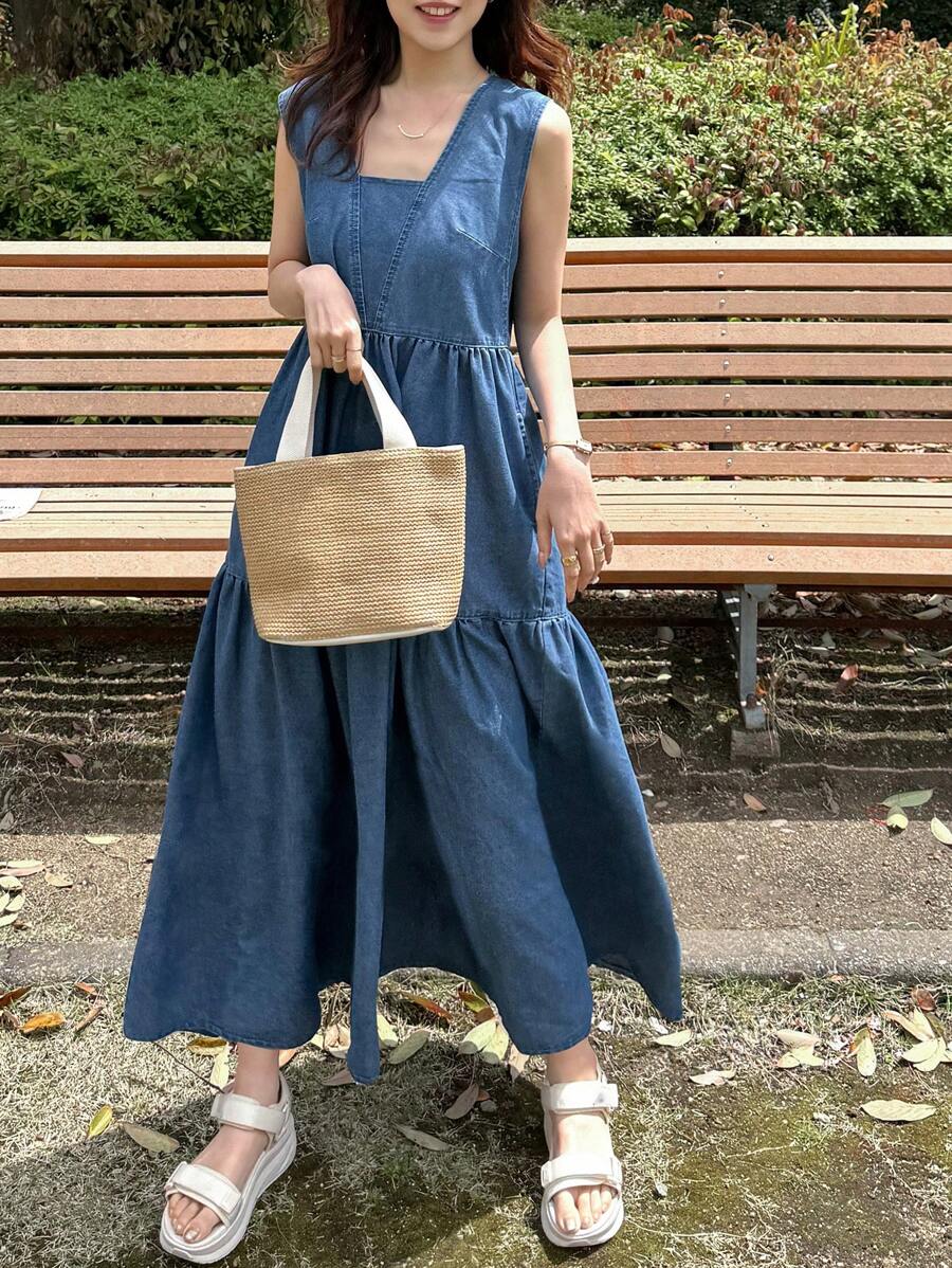 FRIFUL 女士方领荷叶边下摆无袖牛仔连衣裙 女士夏季服装 女士夏季服装 女士加大码太阳裙 工作夏季连衣裙 女士夏季套装 度假 - 藍色 - 查看 1