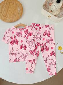SHEIN Baby Girl Bow Design Casual Minimalist Fitted Round Neck Comfortable Short Sleeve Long Pants Loungewear Set, Tight Fit, Suitable For Spring Summer - Multicolor - View 2