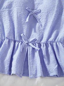 Blusa de línea A con manga corta a cuadros dulce y linda, ropa casual de vacaciones, vestimenta de verano para niña con lazo