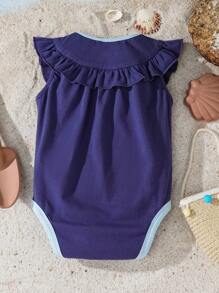 Shark Week X SHEIN Baby Girl Shark Print Purple Ruffle Trim Cute Bodysuit - Navy Blue - View 4
