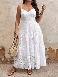 Breezaya Plus Size Women's Simple Spaghetti Strap Fitted Long Dress, Casual Vacation Style Summer Women Clothes  Curve Plus   Vacation Women Clothes   Shein Curve