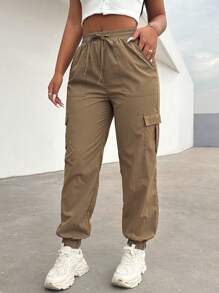 VaVaBold Pantalones cargo casuales de mujer de unicolor con bolsillos y cordón