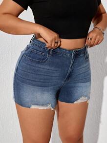 SHEIN ICON Plus Size Ripped Skinny Pocket Jean Shorts, Sexy For Summer - Blue - View 1