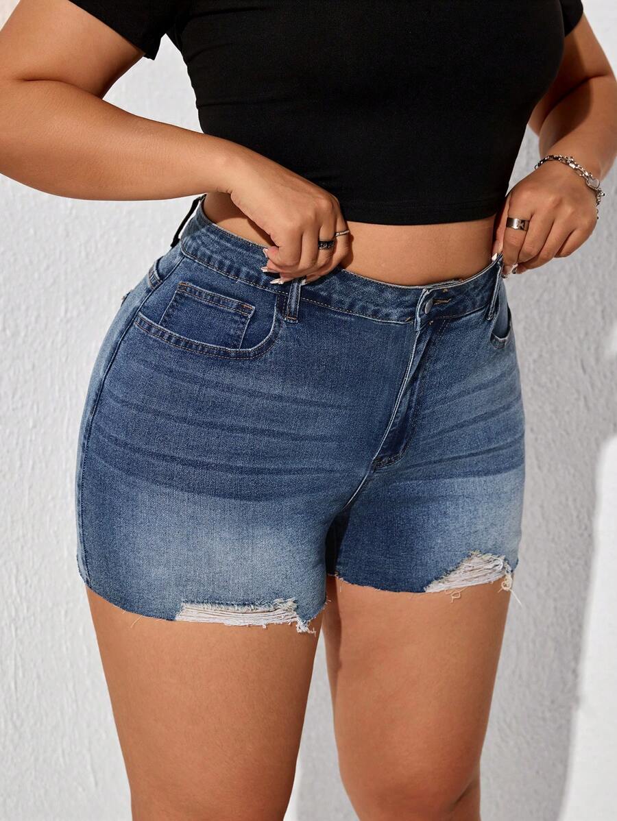 SHEIN ICON Plus Size Ripped Skinny Pocket Jean Shorts, Sexy For Summer - Blue - View 1