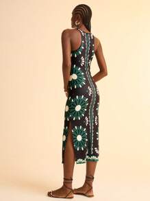 CAJUNI Women Boho Tropical Print Sleeveless Criss-Cross Fitted Dress, Black Casual Holiday Dress Summer Dresses For Women - Multicolor - View 3