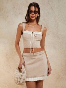 COSMINA 女士休闲度假褶边牛仔中长裙 - 奶油色 - 查看 8