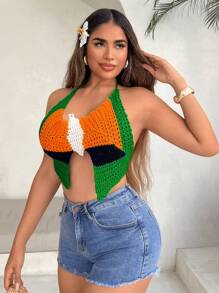 SHEIN SXY Women's Contrast Color Split Hem Sexy Halter Knit Top - Multicolor - View 5