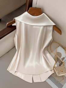 GlowEve CURVE Plus Size Women's Elegant Lapel Sleeveless Button-Up Blouse - Beige - View 2