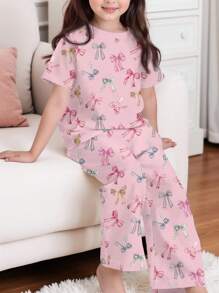 SHEIN Young Girls Casual Slim Fit Round Neck Short Sleeve Pants Home Set, Suitable For Summer - Multicolor - View 4