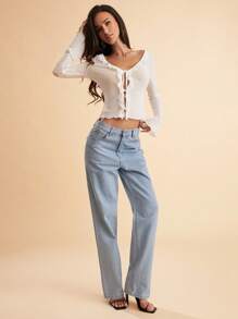 SHEIN BAE 女式纯色荷叶边前系带喇叭袖透视性感衬衫 - 白色 - 查看 5