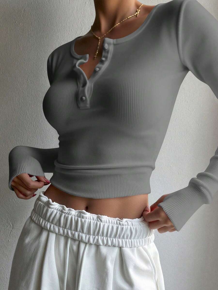 DAZY Autumn Casual Solid Color Ribbed Knit Fitted Long Sleeve T-Shirt,Fall Women Clothes Going Out Tops - Dark Grey - View 1