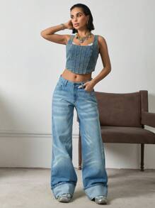 EURMUSE HIGH RISE WIDELEG JEAN WITH FOLDED UP HEM Women S Bottoms Wide Leg Jeans Women - Light Wash - View 5