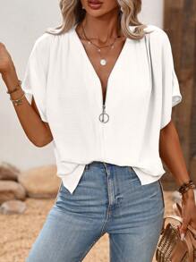 EMERY ROSE Women's Simple Solid Color Bat Wing Sleeve Shirt, Summer - White - View 4