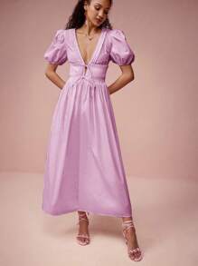Enchnt 春夏浪漫女士淡紫色深 V 领泡泡袖蝴蝶结褶皱长裙，甜美优雅，适合度假、约会、节日、派对、毕业典礼和婚礼宾客，舞会礼服，女士音乐会节日服装，女士复活节礼服，女士夏装，女士太阳裙，夏装 - 紫丁香色 - 查看 7