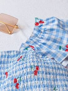 SHEIN VCAY Plus Size Women Casual Plaid Cherry Print Drawstring Loose Shirt, Resort Wear - Multicolor - View 5