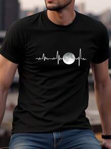 Manfinity RSRT Plus Size Men's Black Short Sleeve T-Shirt, Creative Moon And Cardiogram Design, Minimalist Style, Casual And Fashionable, Comfortable Everyday Wear - Black - View 1