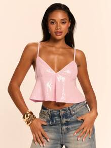 SHEIN BAE Women's Solid Color Sequin Ruffle Hem Camisole - Pink - View 3