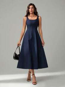 SHEIN Tall 女式仿牛仔修身款露背无袖麻花针织毛衣裙 - 藍色 - 查看 5