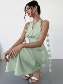 Firerie 优雅紫色深垂领露背连衣裙，带有 3D 花朵装饰，适合约会、婚礼、度假、春夏季 - 薄荷綠 - 查看 8