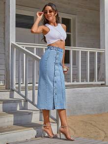 SHEIN PETITE Women's High Waist Single-Breasted Casual Denim Skirt - Light Wash - View 7