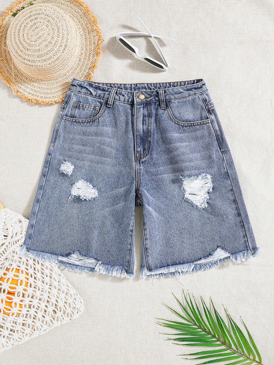 SHEIN Shorts en jean longs déchirés, effilochés et délavés style Y2K taille basse pour adolescentes. Mode printemps été vacances plage