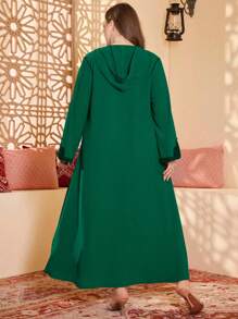 Al Najma Plus Size Elegant Minimalistic Arabic Hooded Long Robe, Modest Kaftan - Dark Green - View 2