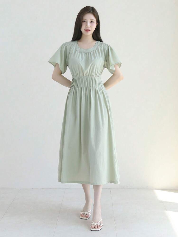 Solid Color Round Neck Short Sleeve Waist Fitted Elegant Midi Length Dress For Ladies,Casual Women Dresses,Teacher Outfits