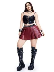 Flirla Casual Punk Plus Size Women's Side Zipper PU Leather Plain Simple Waist Band A-Line Mini Skirt - Red - View 3