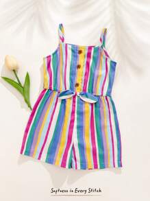Cozy Pixies Baby Girl Rainbow Print Sleeveless Strap Waisted Jumpsuit Shorts - Pink - View 1