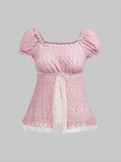 Fairycore Camiseta de mujer talla grande con dobladillo dividido dulce 2 en 1