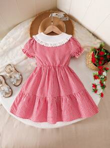 4-7 Years Old Girl Casual Summer Red & White Plaid Sleeveless Dress, White Lace Peter Pan Collar Flare Skirt, Sweet & Cute Style Suitable For Daily Wear Or Light Occasions Like Family Gathering, Kid's Party - Red - View 2