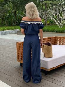 Livesso Bộ đồ hai mảnh denim dành cho nữ, áo trễ vai, thích hợp cho kỳ nghỉ. - Rửa tối - Xem 5