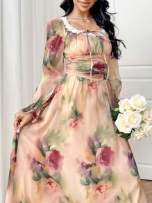 Modelyn Vestido de manga larga con estampado floral menudo en estilo retro francés, vestido primaveral de talla grande encantador y favorecedora - Multicolor - Ver 3