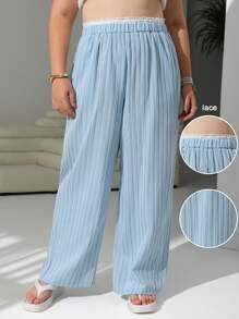 SHEIN EZwear Pantaloni casual cu talie înaltă cu dungi largi - Bleu - Vizualizare 3